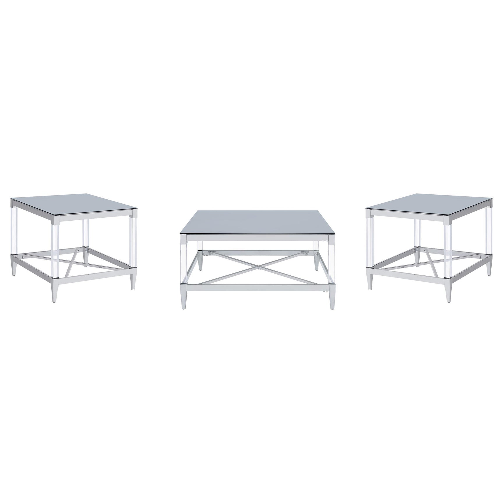 Close-up of clear acrylic leg and chrome tapered foot of Lindley end table