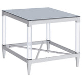 Side view of coffee table with mirrored tempered glass top and acrylic legs
