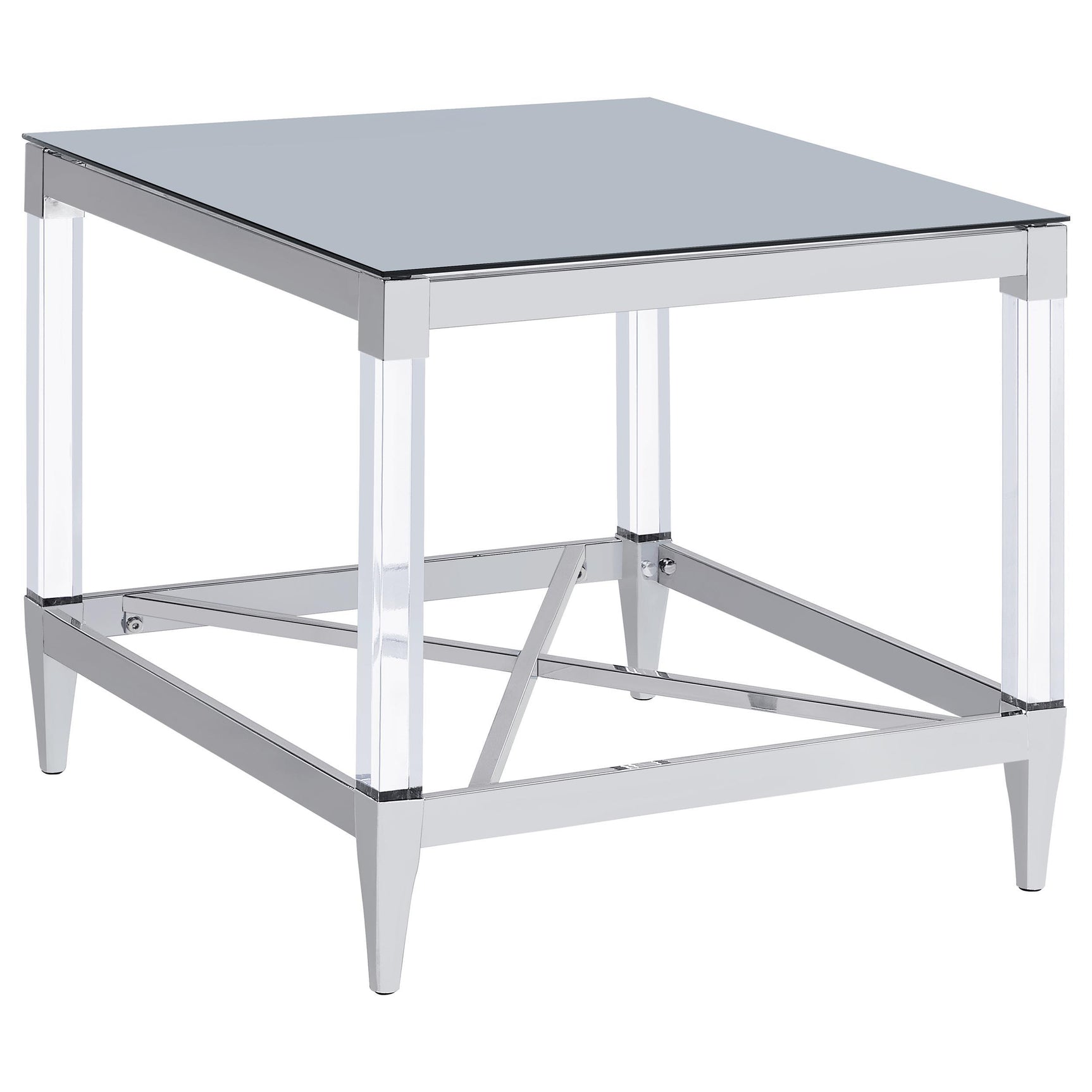 Side view of coffee table with mirrored tempered glass top and acrylic legs