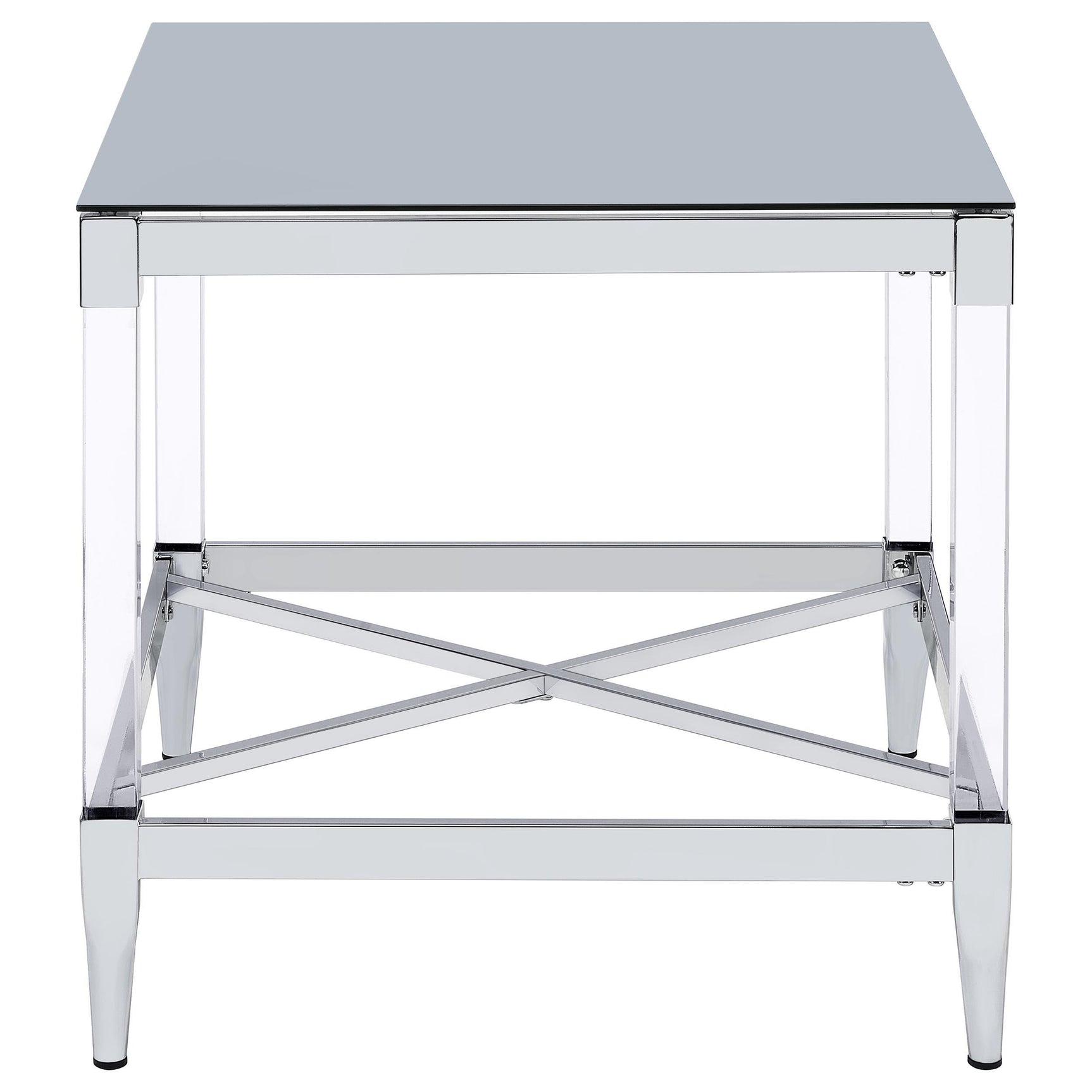 Angle view of end table highlighting chrome-electroplated frame