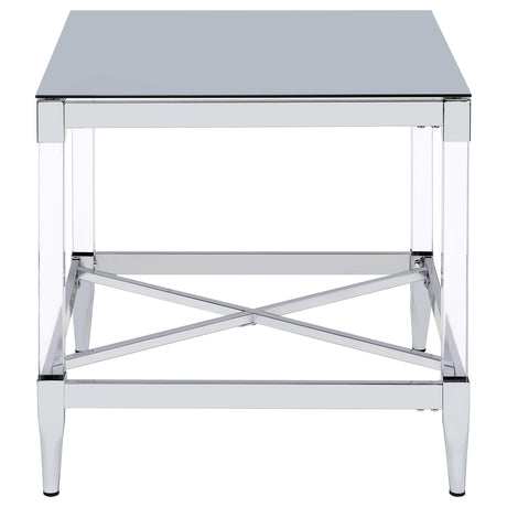 Angle view of end table highlighting chrome-electroplated frame