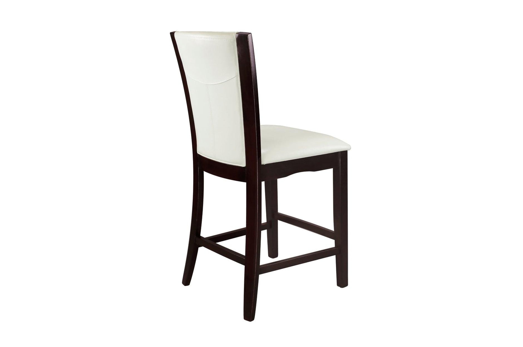 Close-up of white faux leather chair seat and espresso finished legs