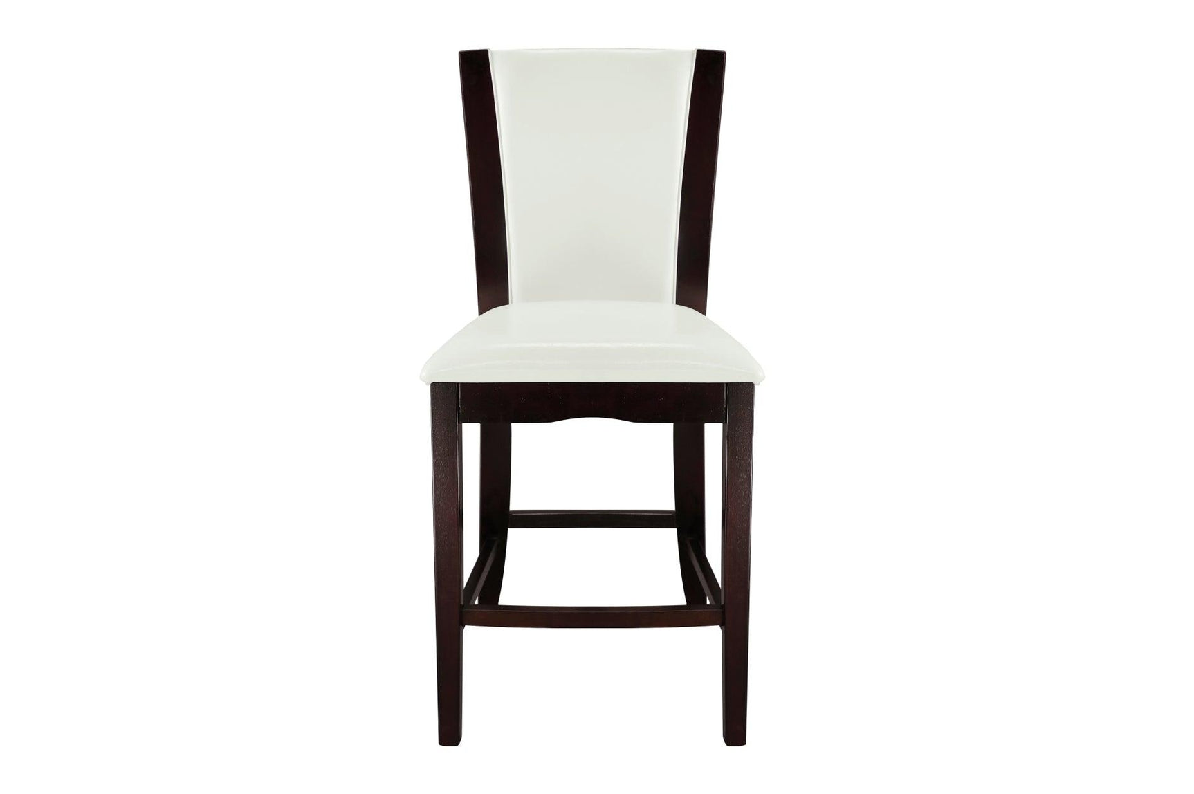 Main view of table paired with white faux leather chairs