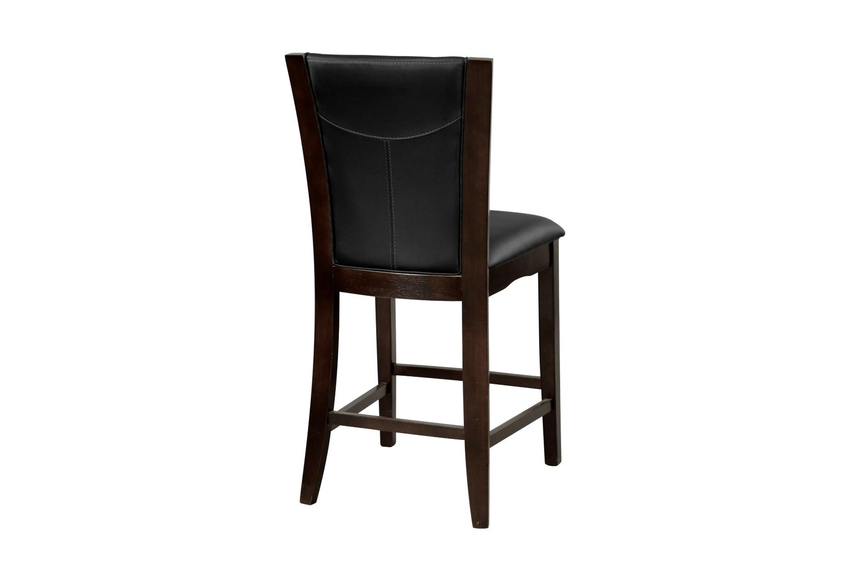 Side view showing chair design with dark brown faux leather and espresso wood frame