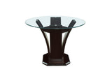 Close-up of espresso finish and glass tabletop on Daisy round table