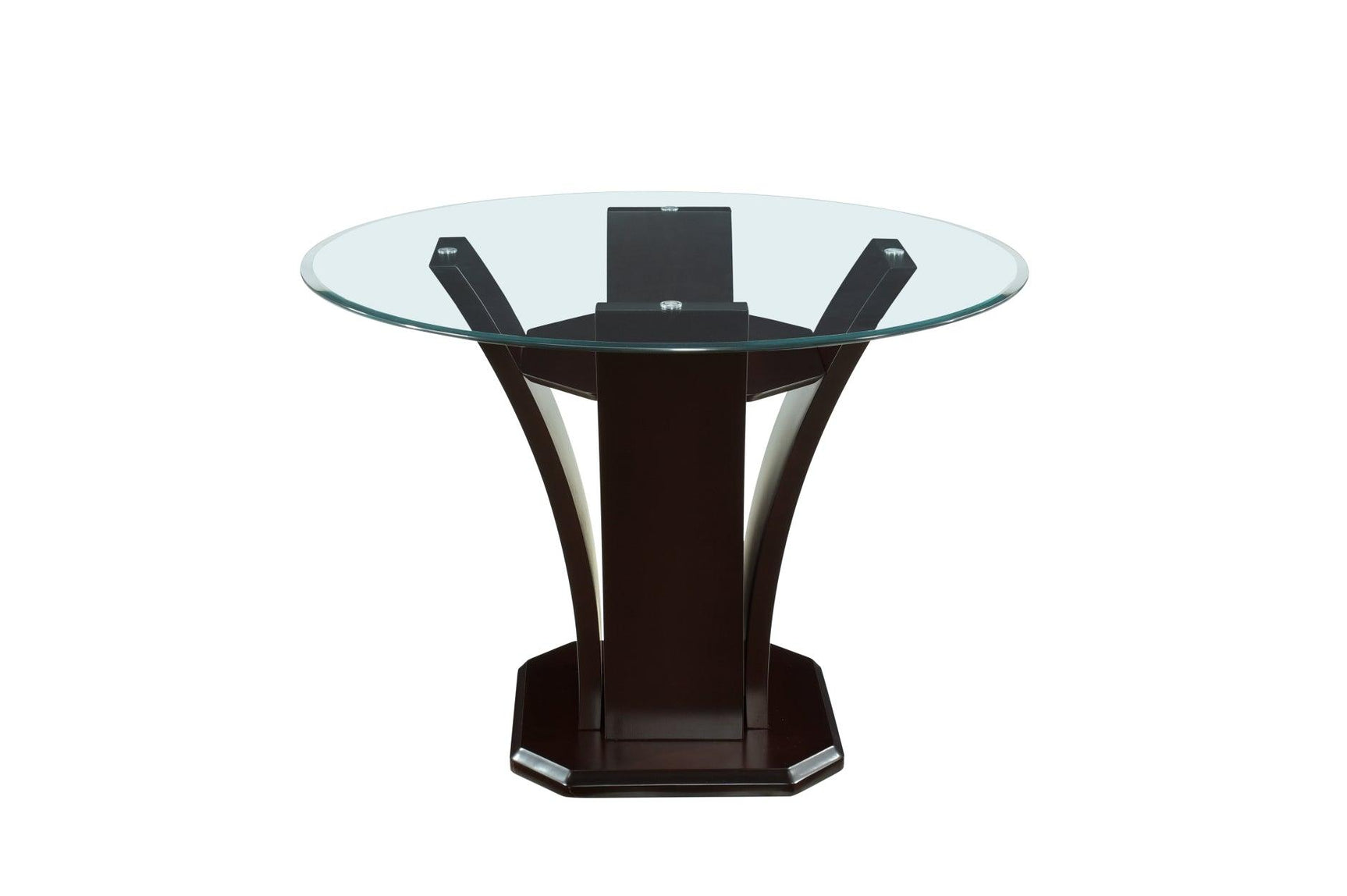 Close-up of espresso finish and glass tabletop on Daisy round table