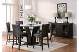 Side view of Daisy dining set showing round glass top and faux leather upholstered chairs