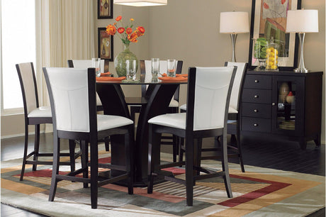 Daisy espresso hardwood round dining table with glass top and 4 dark brown faux leather chairs