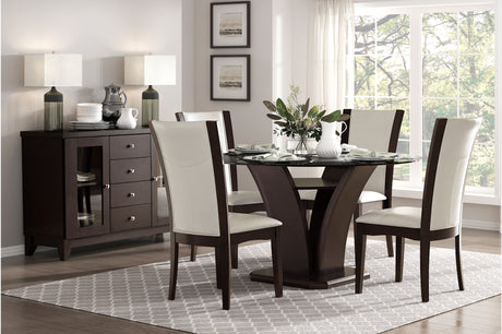 Daisy Round Dining Room Set full view with table and chairs in white faux leather
