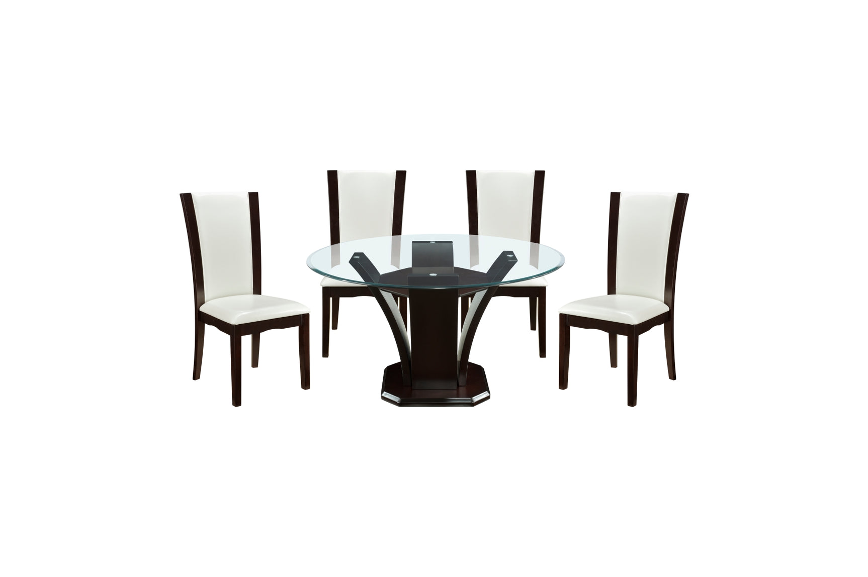 Dining room setting with Daisy Round Dining Set and white chairs