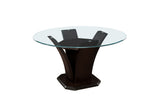 Side view of Daisy Round Dining Set with white faux leather chairs
