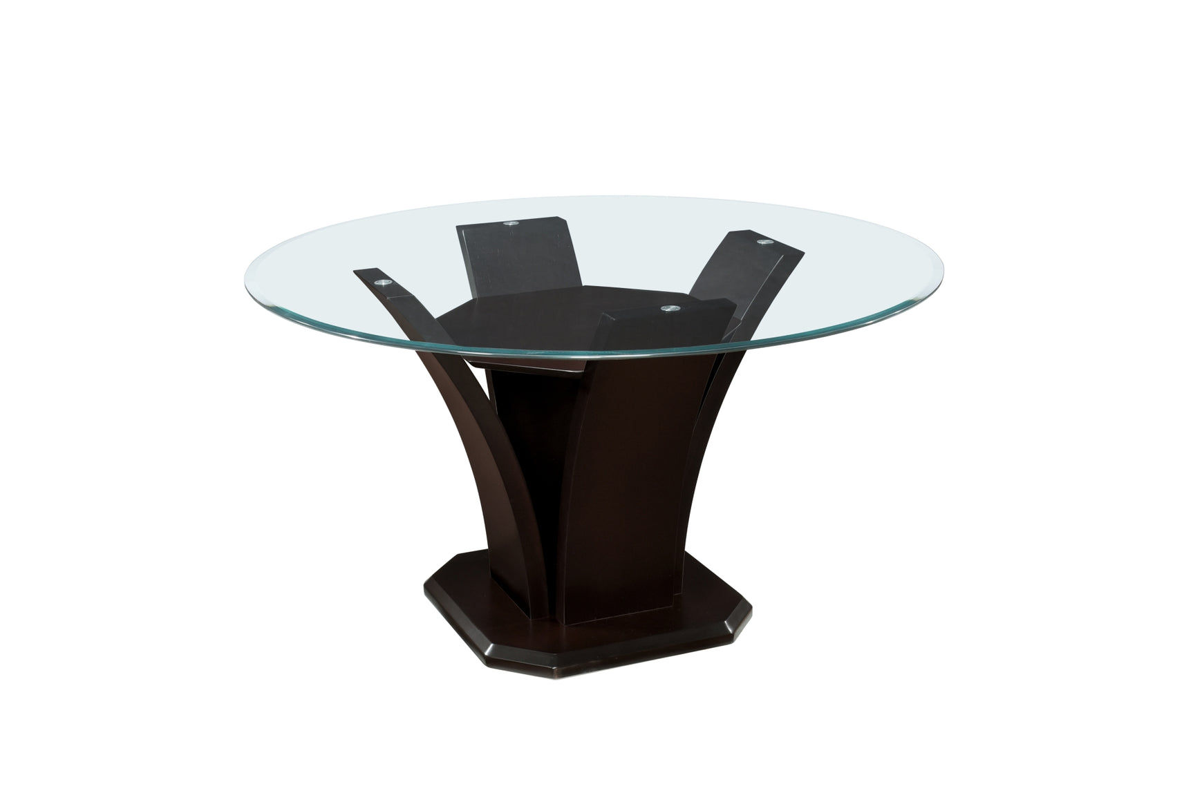 Side view of Daisy Round Dining Set with white faux leather chairs
