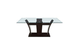 Detail view of faux leather upholstery and espresso finish on Daisy dining chairs