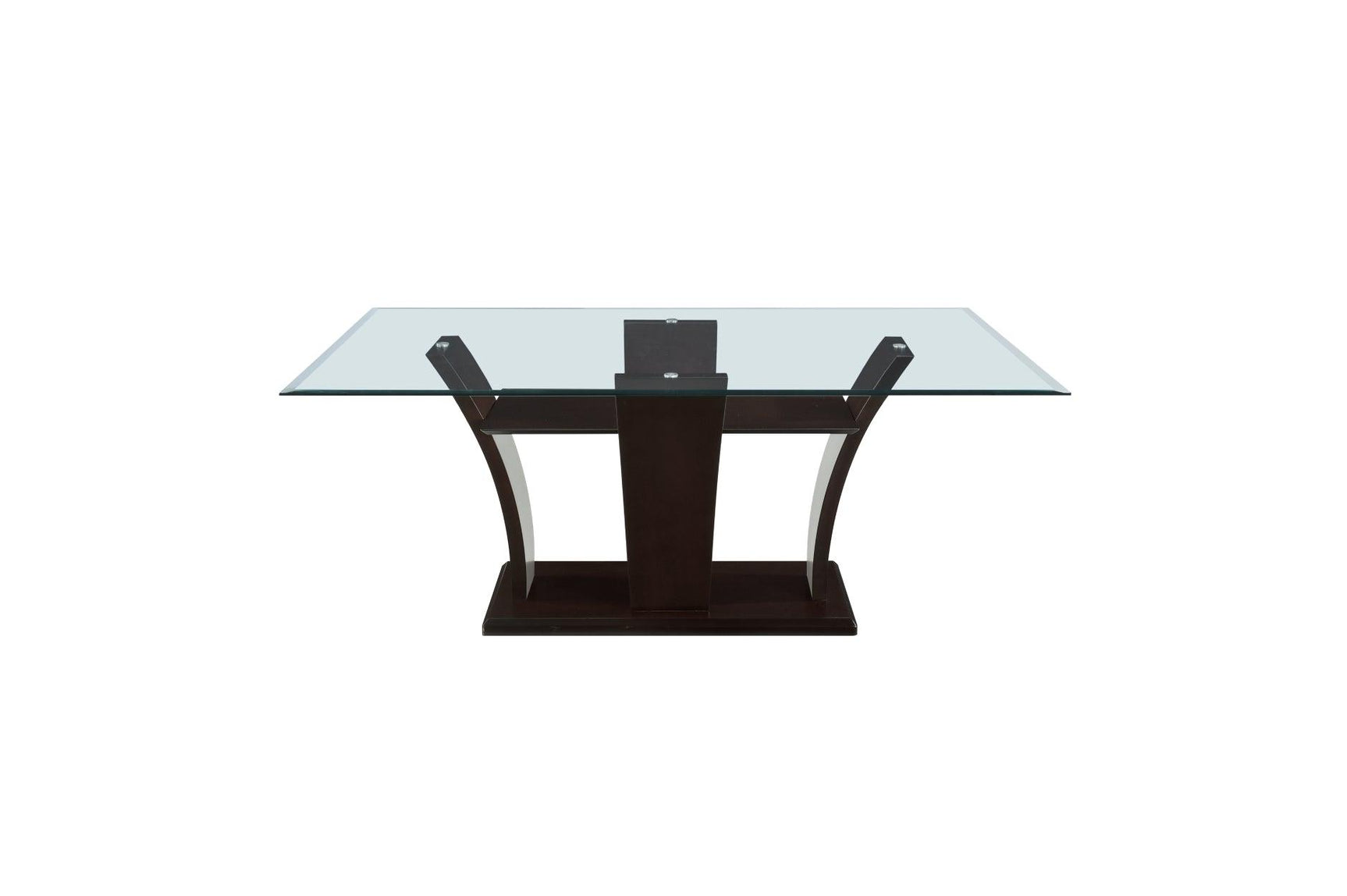 Detail view of faux leather upholstery and espresso finish on Daisy dining chairs