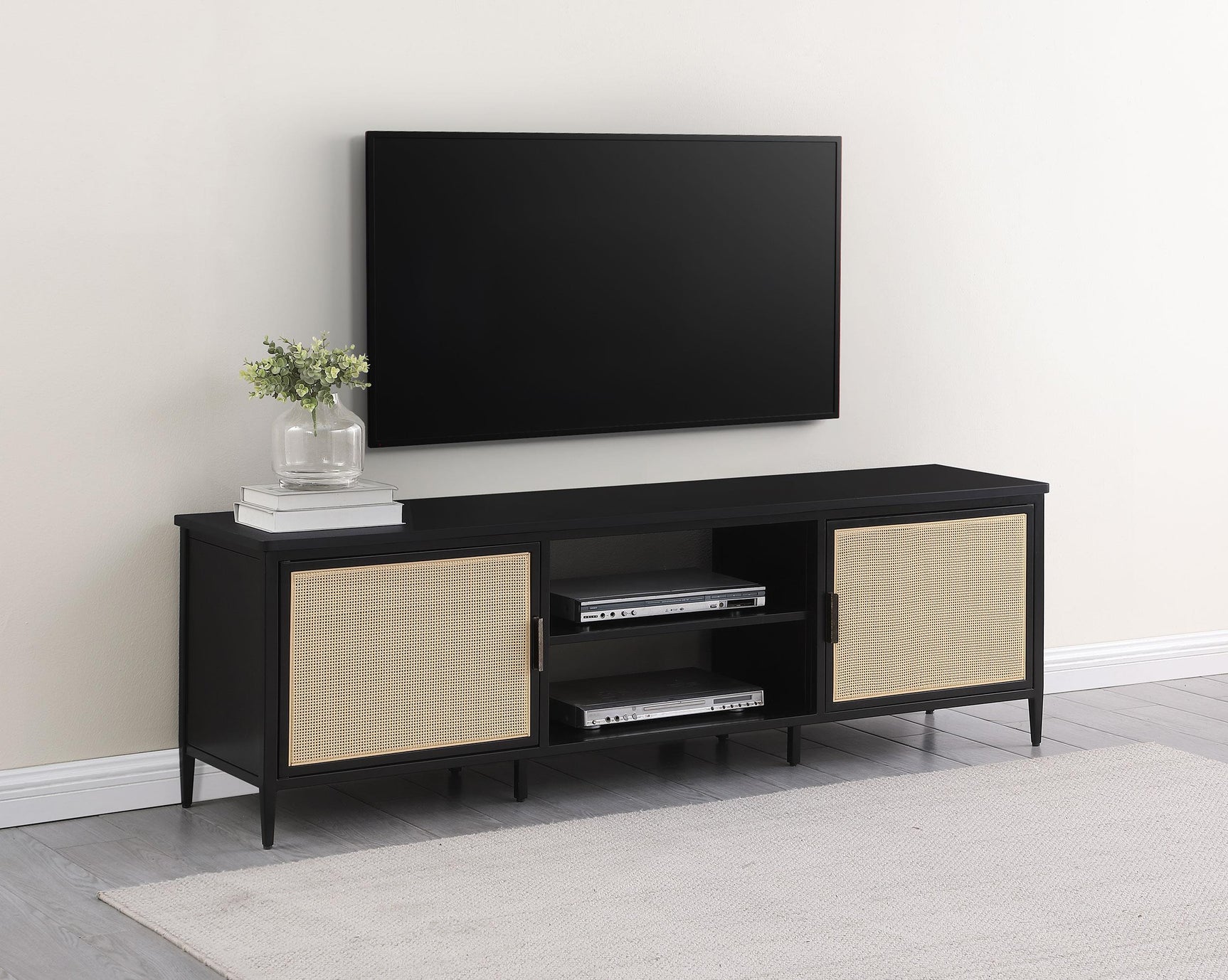Amherst TV stand side view showing metal frame and open shelves