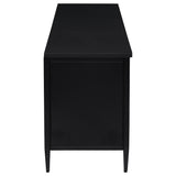 Metal leg with leveler on Amherst TV stand