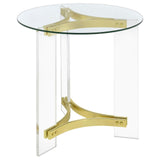 Close-up of matte brass acrylic legs on Janessa End Table