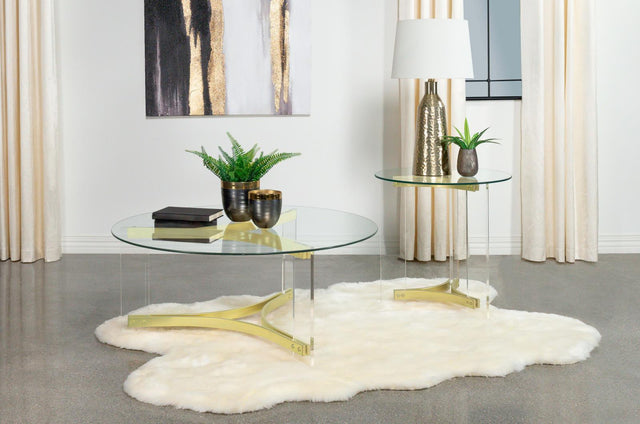 Front view of Janessa Round End Table with glass top and acrylic legs