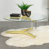 Side angle of Janessa coffee table showing acrylic brass legs