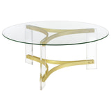 Close-up of matte brass acrylic leg on Janessa coffee table