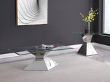 Close-up of polished stainless steel hourglass base of the Jenny coffee table