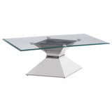 Tempered glass top with beveled edges on the rectangular coffee table
