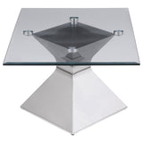 Square end table with clear glass top and chrome base