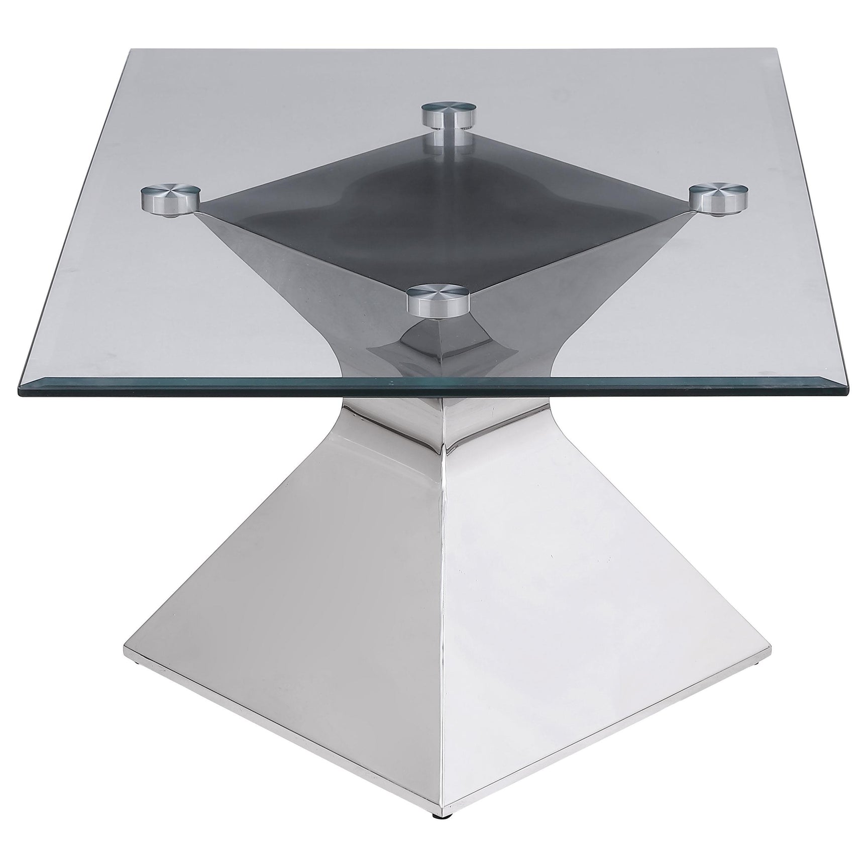Square end table with clear glass top and chrome base