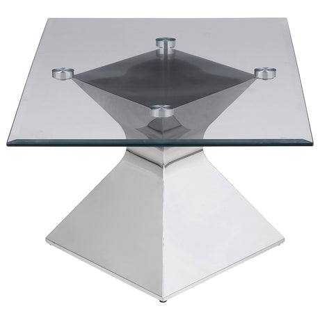 Square end table with clear glass top and chrome base