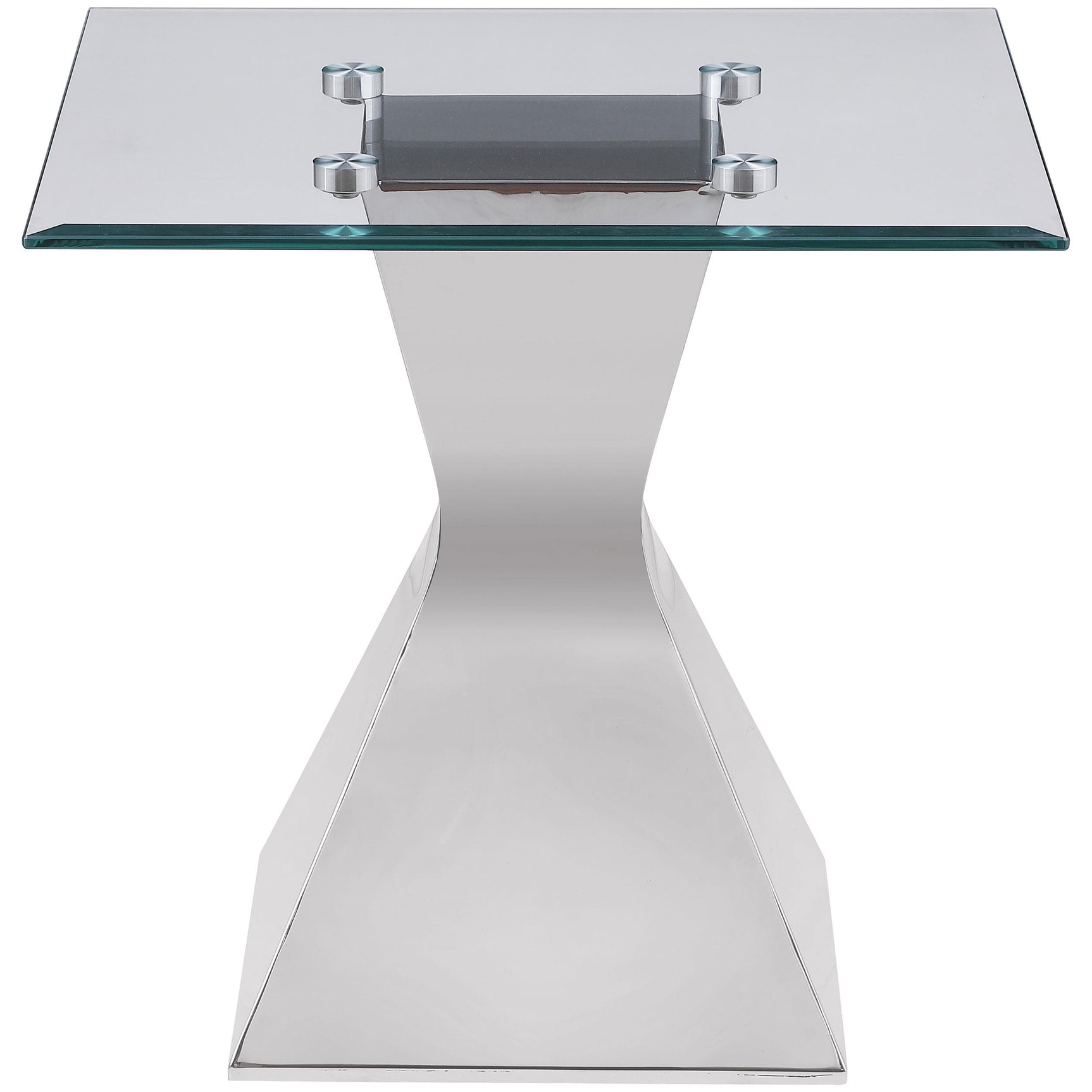 Modern glass coffee table showing geometric metal base details