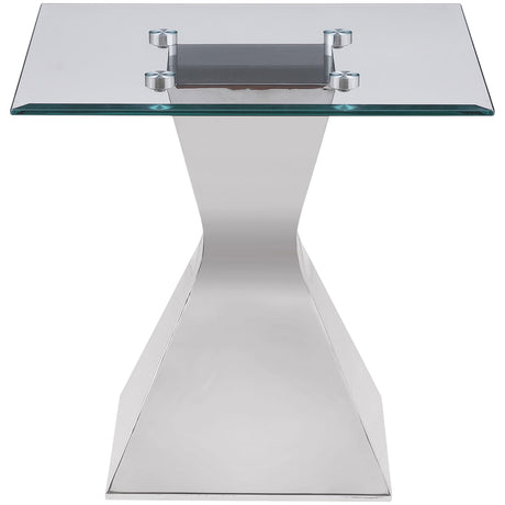 Modern glass coffee table showing geometric metal base details