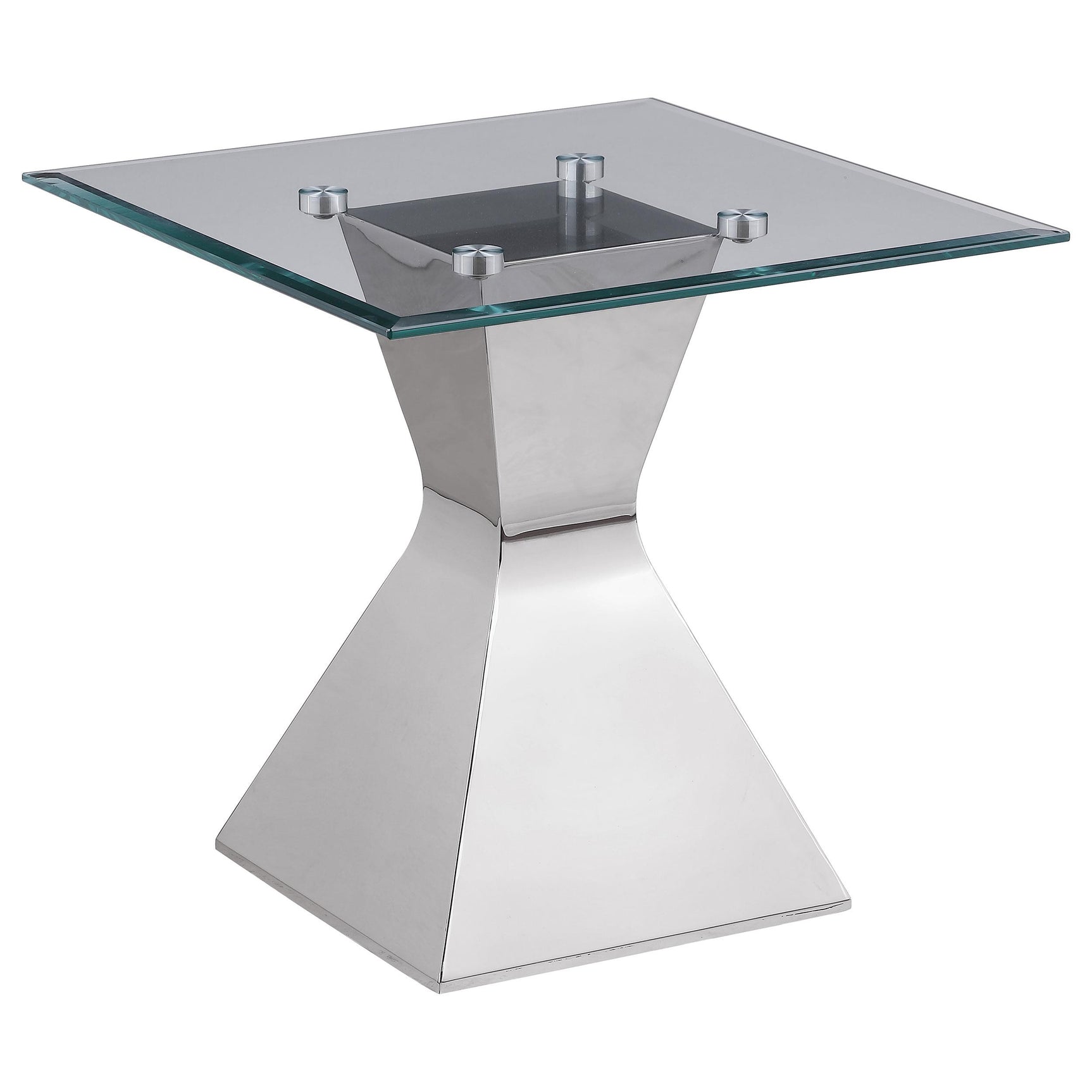 Side view of Jenny coffee and end table set with glass and chrome