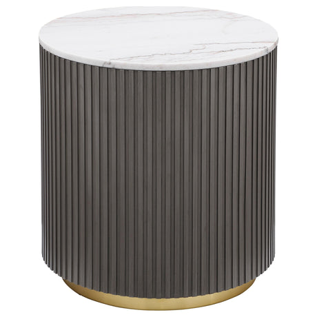Jason end table showing white marble top and ribbed charcoal wood frame