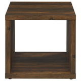 Dark pine finish detail on coffee table surface