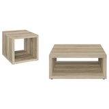 Frisco coffee table side angle showing open shelves