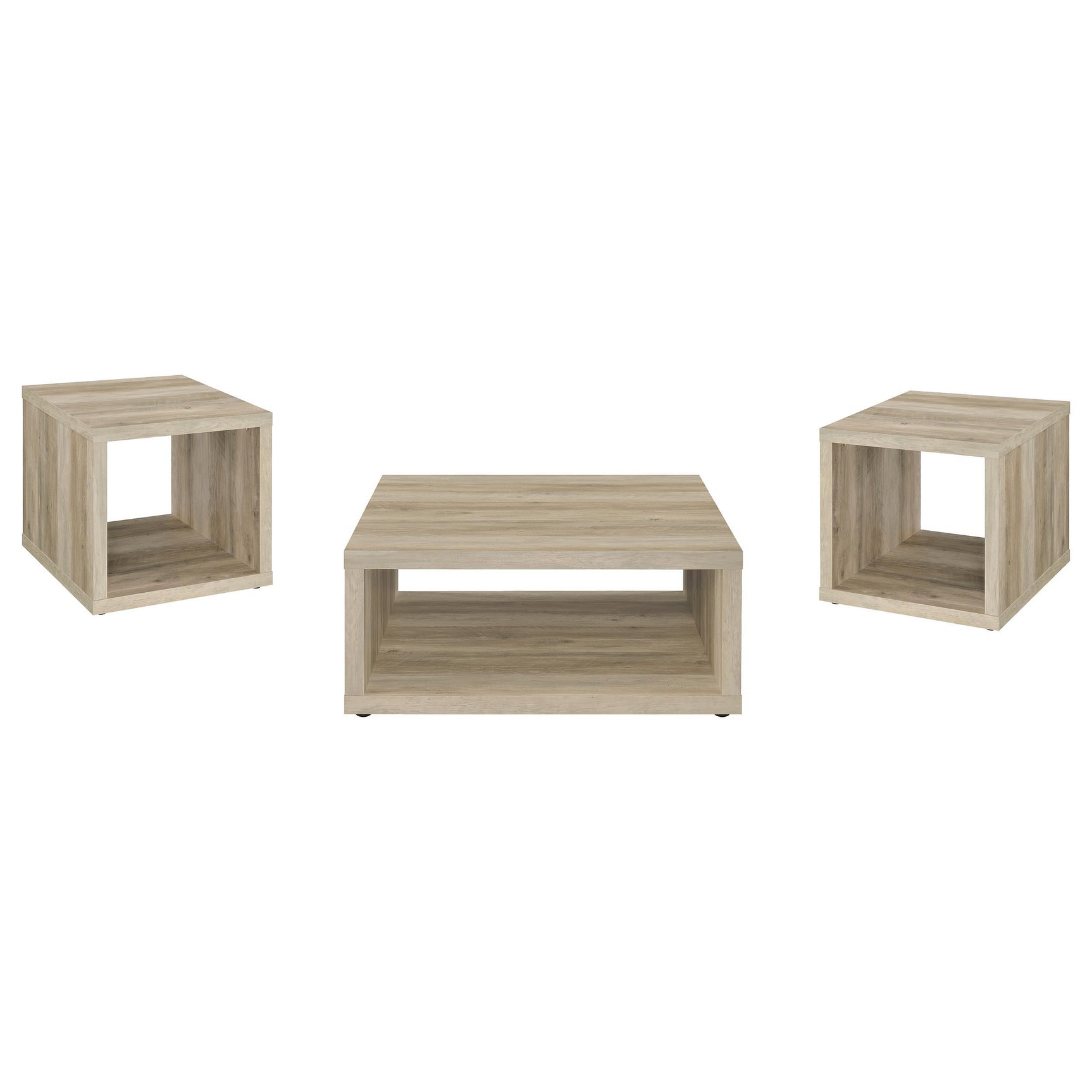 Frisco coffee table with open sides and lower shelf, angled view