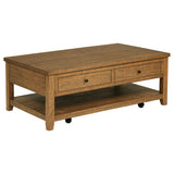 Lower wide shelf of Payne mobile coffee table with decor