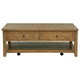 Close-up of distressed brown wood finish on Payne coffee table