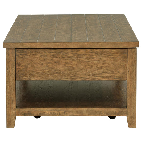Wide lower shelf holding storage baskets under Payne table