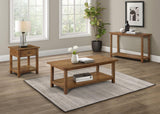 Payne distressed brown wood end table side angle with visible drawer and shelf