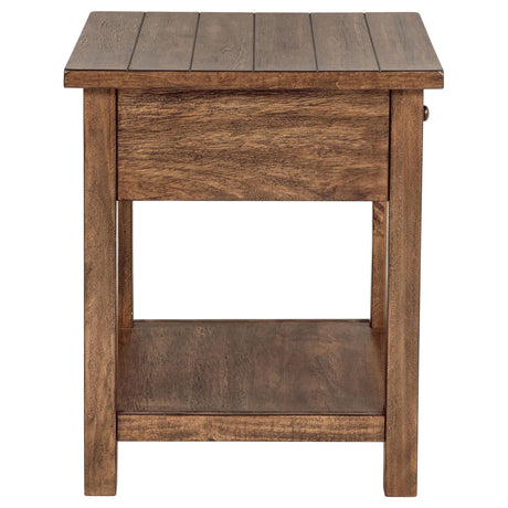 Close-up of drawer hardware on end table