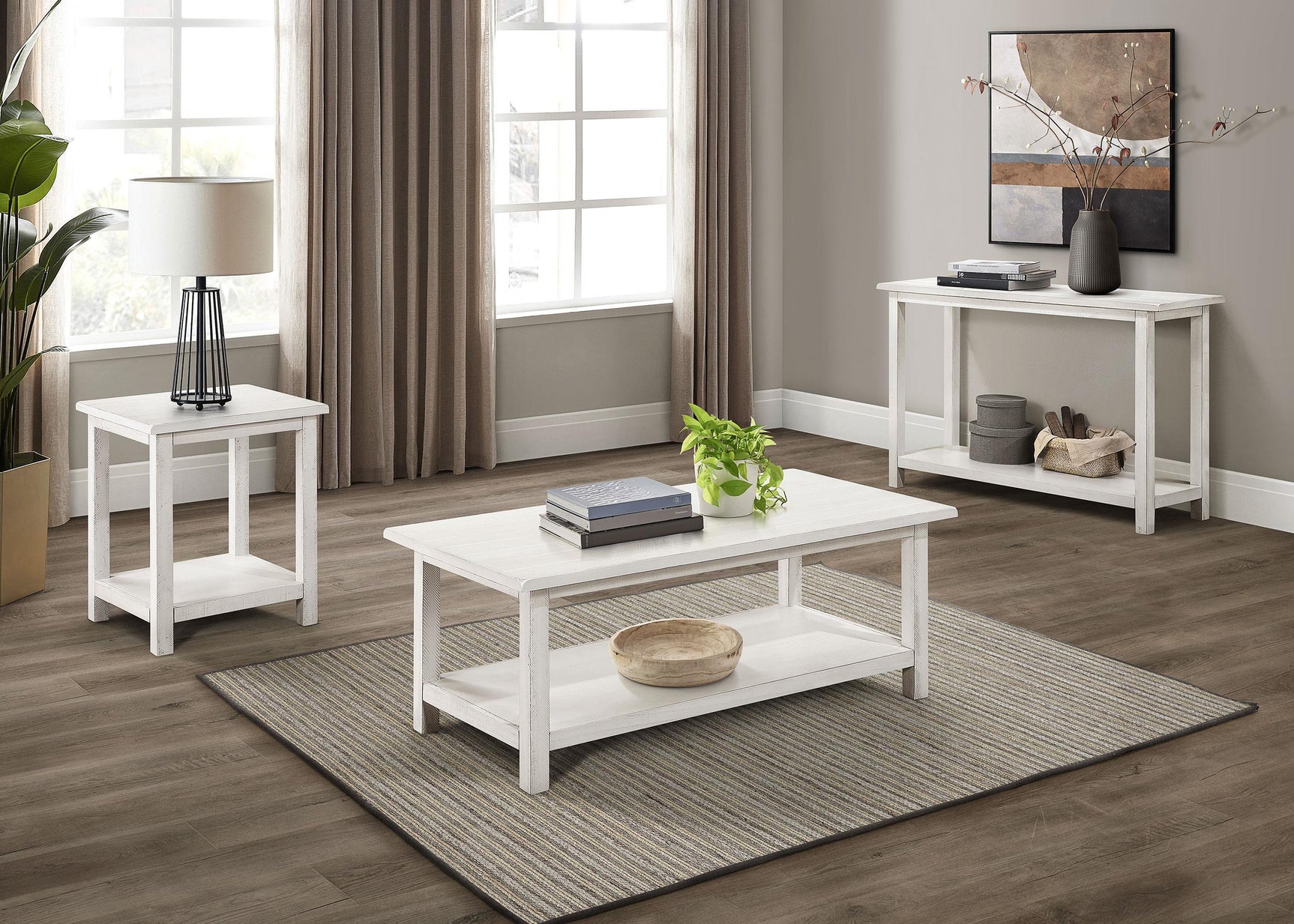 Side angle of Payne white wood end table with shelf