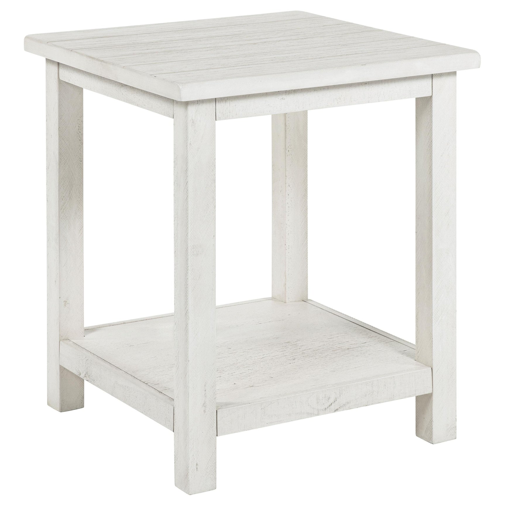Side view of Payne distressed white end table