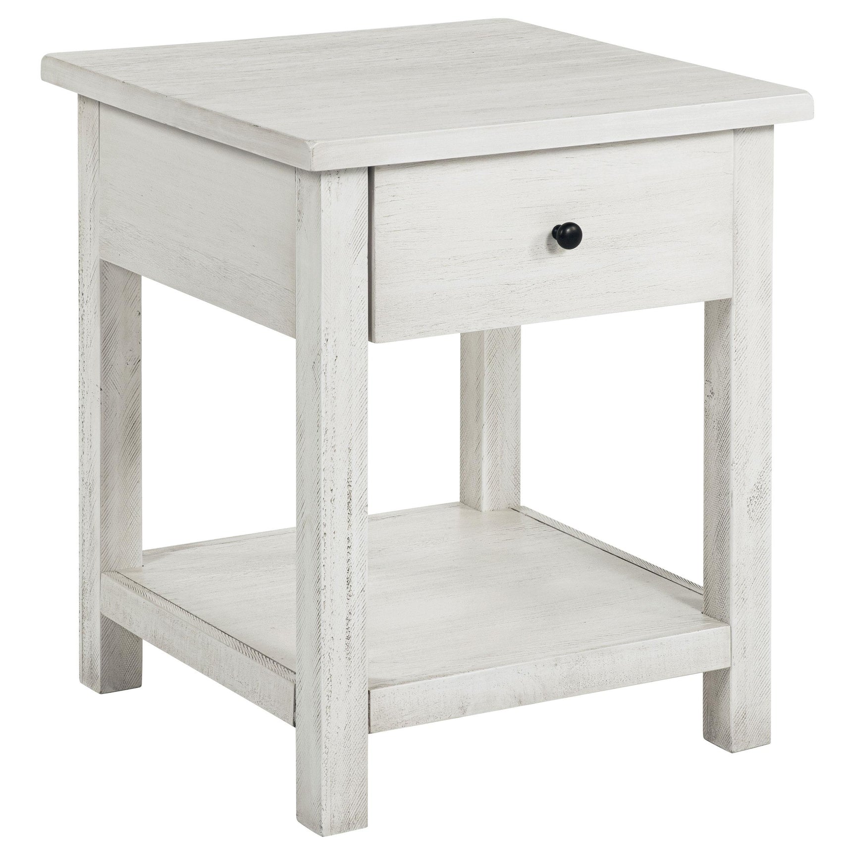 Payne end table with drawer in white, side angle