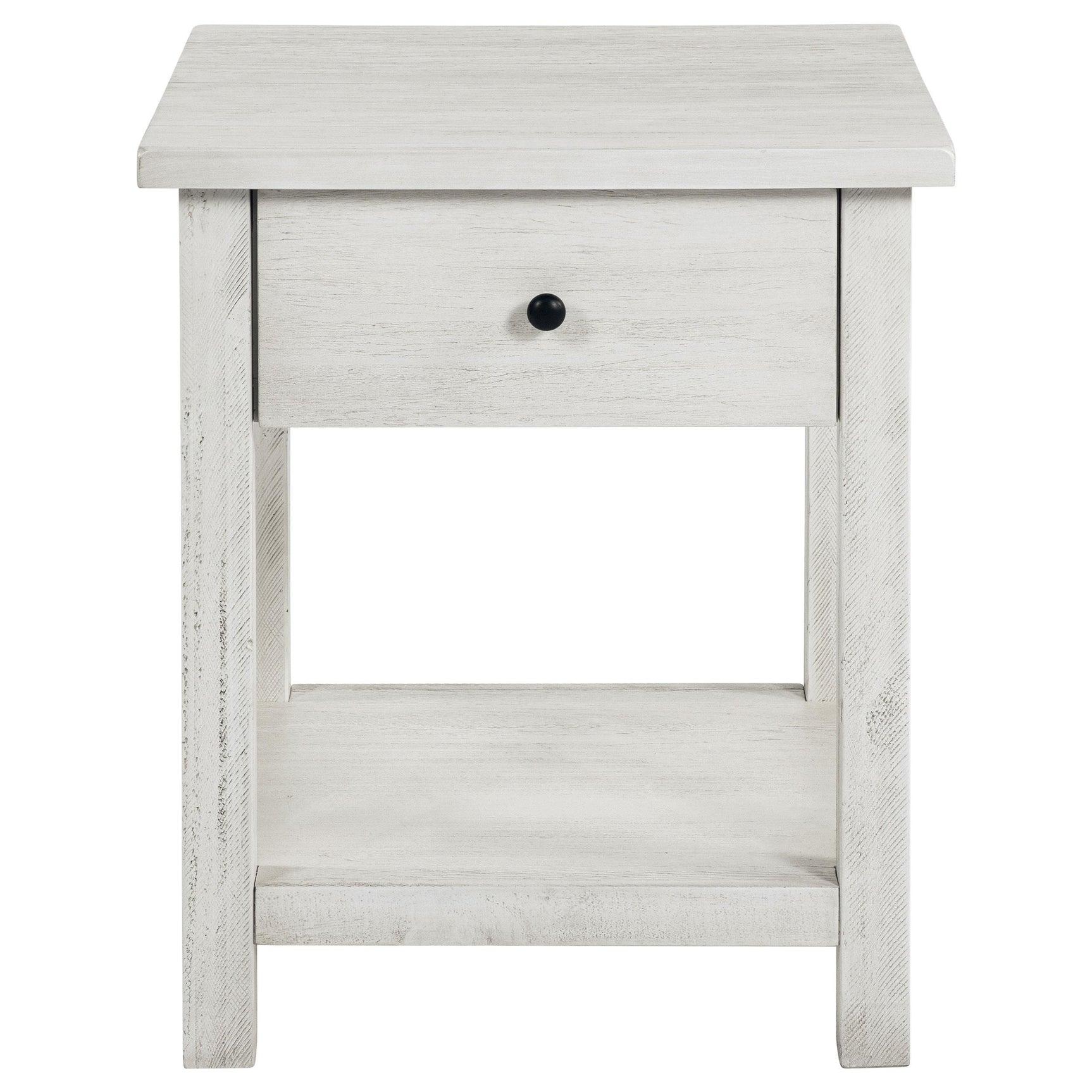 Rustic white Payne coffee table and drawer end table set in living room setting