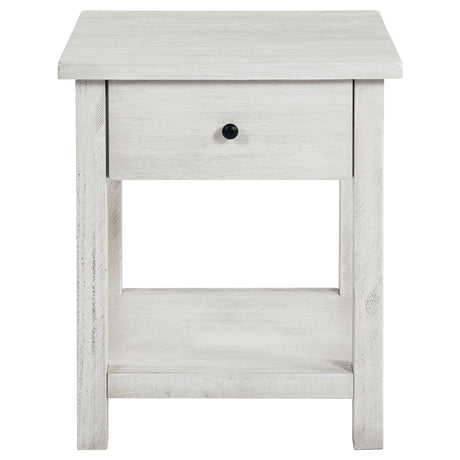 Rustic white Payne coffee table and drawer end table set in living room setting