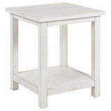 Square end table close-up with distressed white color