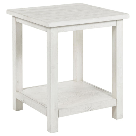 Square end table close-up with distressed white color