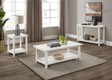 Side angle of Payne white wood coffee table with shelf