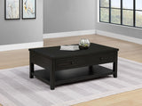 Payne lift-top coffee table side view with lower shelf